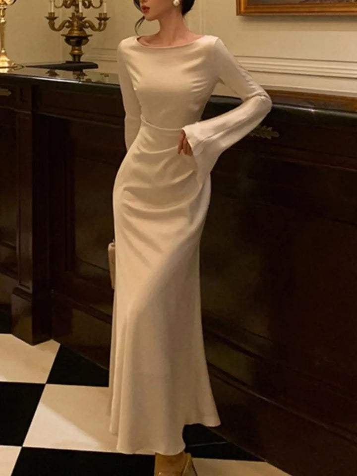Elegant maxi satin evening dress with bell sleeves - Sahar
