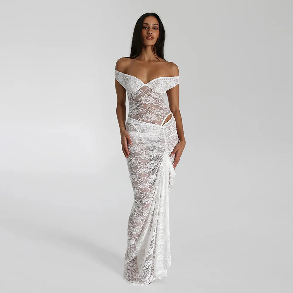 Maxi Lace Dress with Off-Shoulder and Slit Design - Emiliana