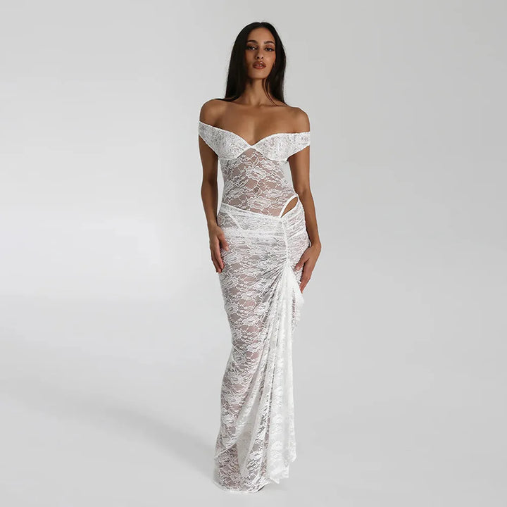 Maxi Lace Dress with Off-Shoulder and Slit Design - Emiliana