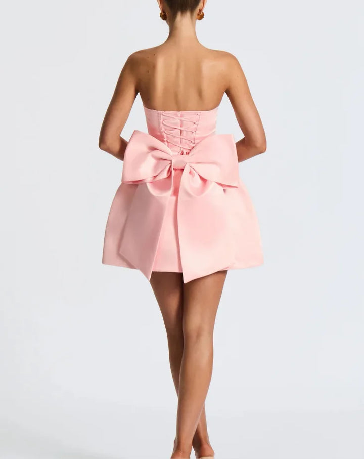 Satin mini dress in A-line cut with tie bow back detail for waist fit - Lilia