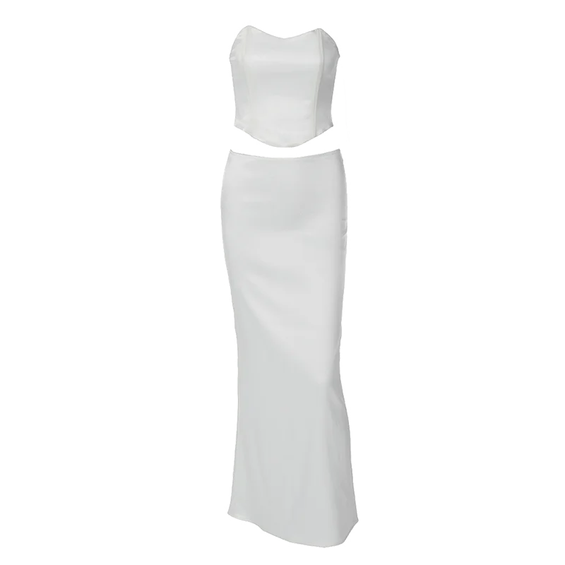 Two-Piece Satin Set with Strapless Top and Maxi Skirt - Siana