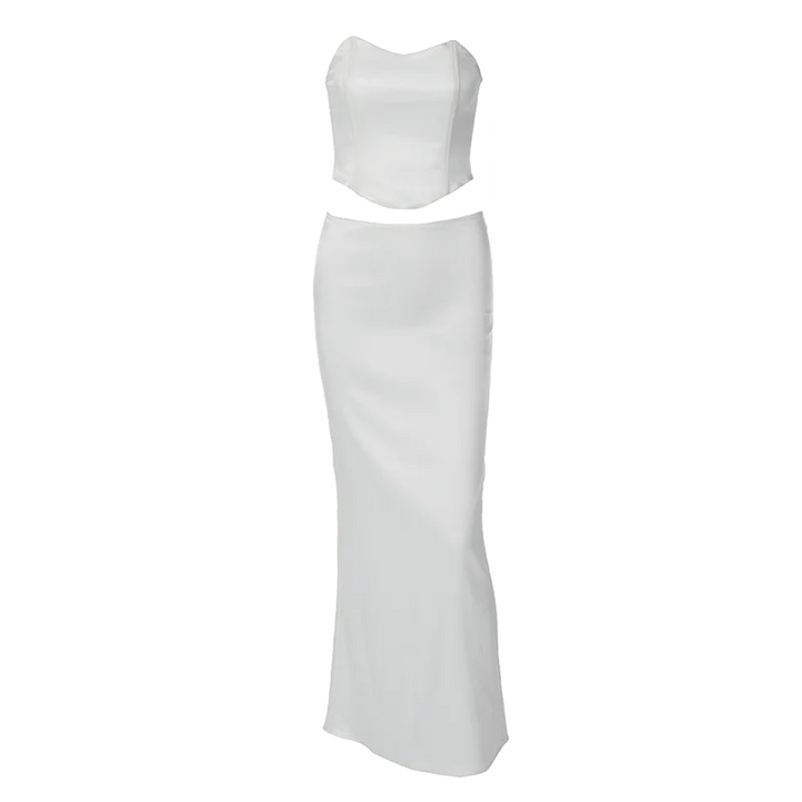Two-Piece Satin Set with Strapless Top and Maxi Skirt - Siana