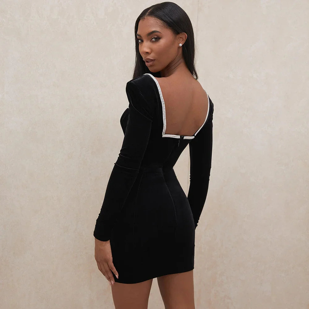 Mini velvet dress with deep V neckline decorated with diamonds - SANA
