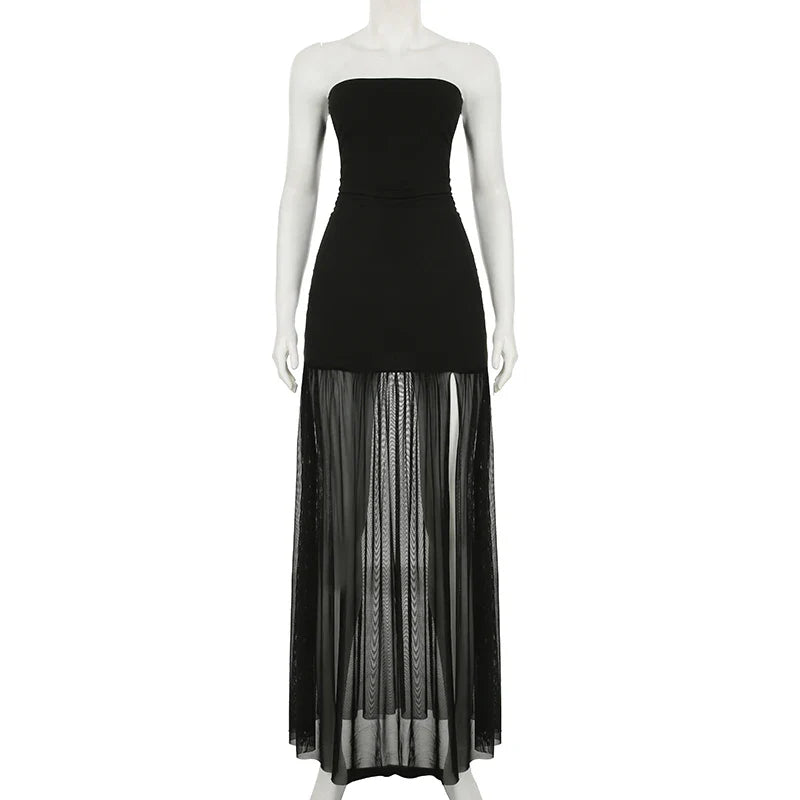 Strapless maxi dress with chiffon decoration and slit - Lettie