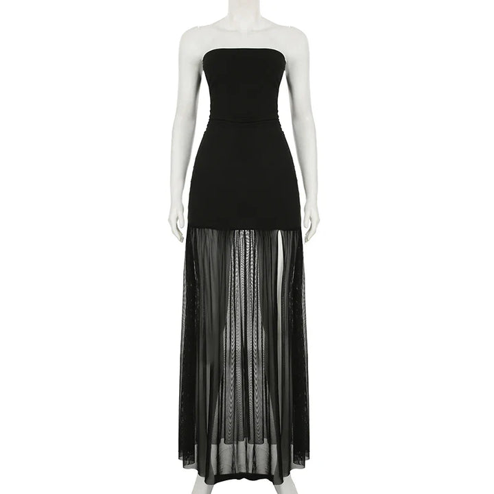 Strapless maxi dress with chiffon decoration and slit - Lettie