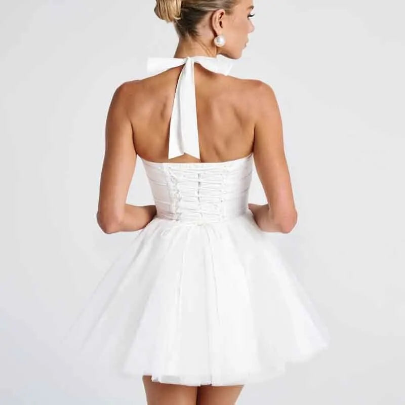 Ballerina mini dress in A-line cut with corset and tulle open back design - Mimi
