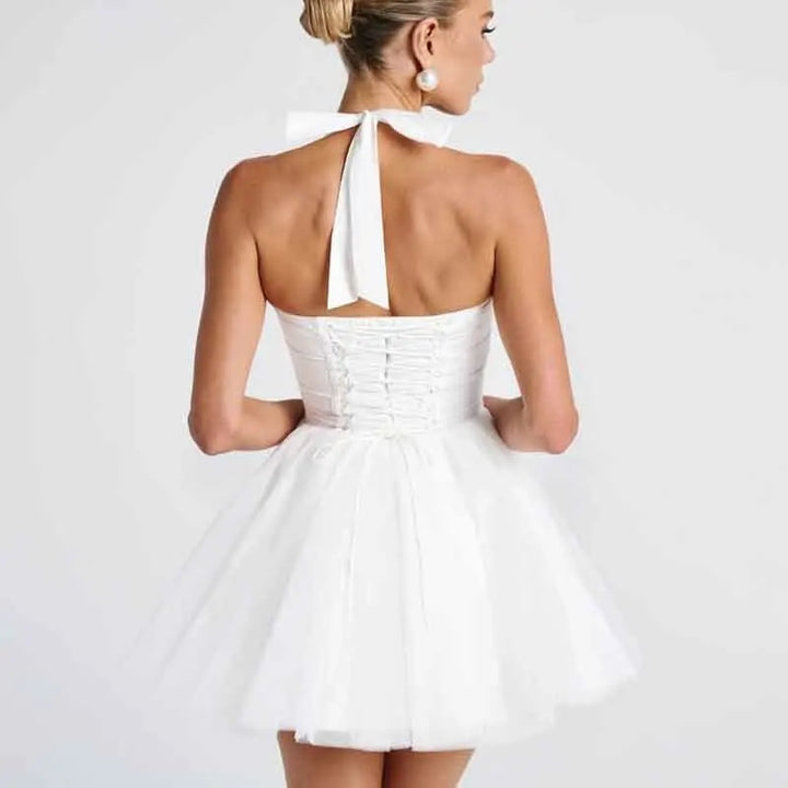 Ballerina mini dress in A-line cut with corset and tulle open back design - Mimi