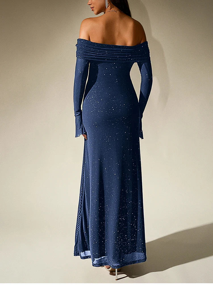 Sequin maxi dress with off-shoulder design and bell sleeves - Margarita