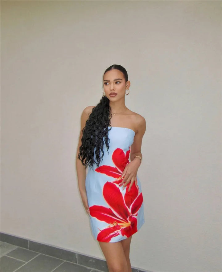 Strapless mini dress with floral print detail - Shay Lee