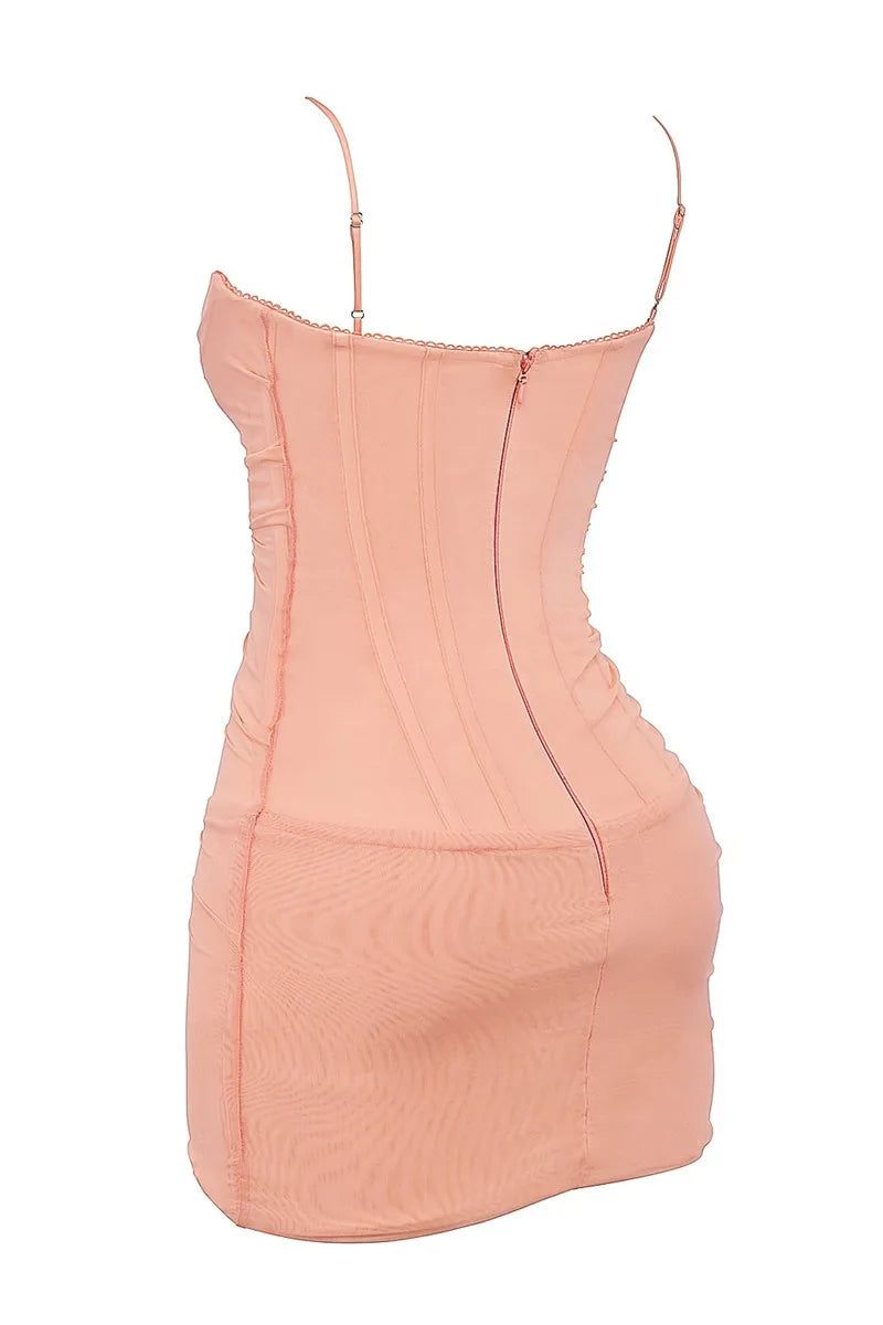 Fitted Chiffon Mini Dress with Corset and Lace Detail - Fiji