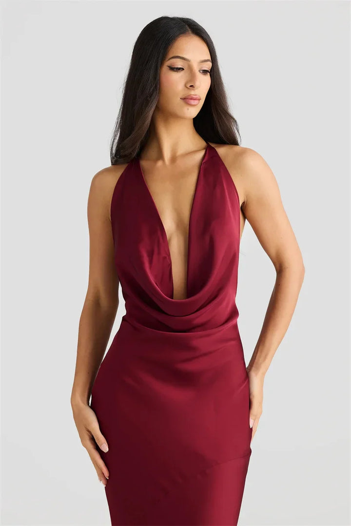 Satin Maxi Dress with Open Back and Draped Collar - Paula