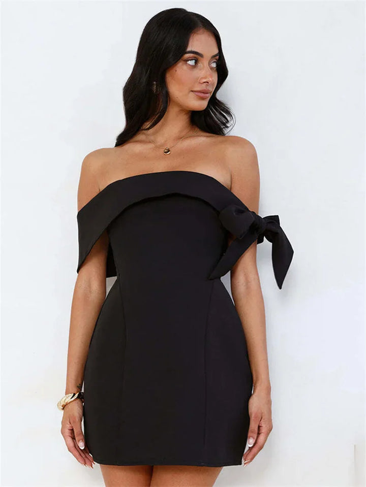 Mini A-line dress with bare shoulders decorated with tie - Sheli