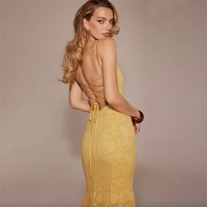 Maxi Chiffon Dress with Leaf Embroidery, Back Tie for Waist Fit - Mona Liz