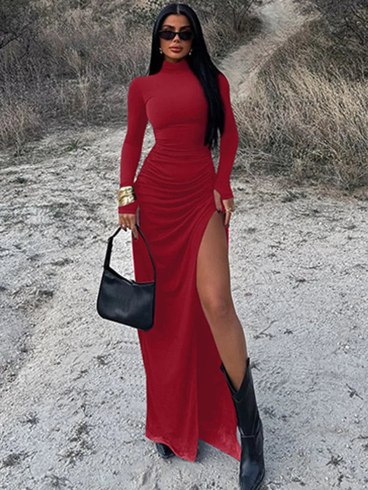Maxi Dress with Ruching, Turtleneck, and Deep Slit - Sasha