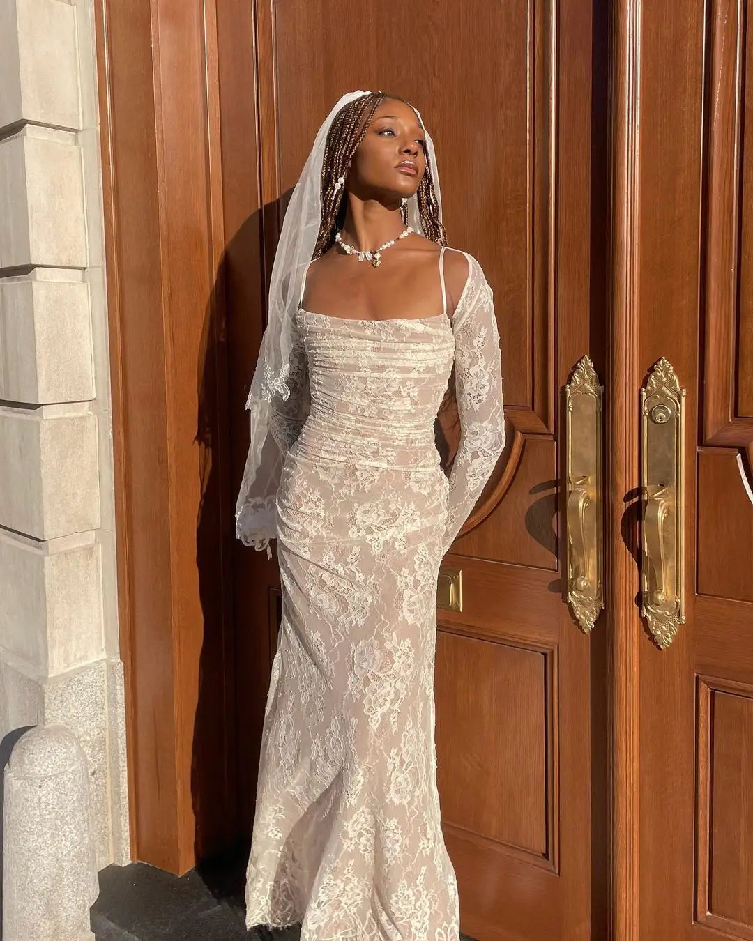 Elegant Maxi Lace Dress with Lace Sleeve Overlay - Ilia