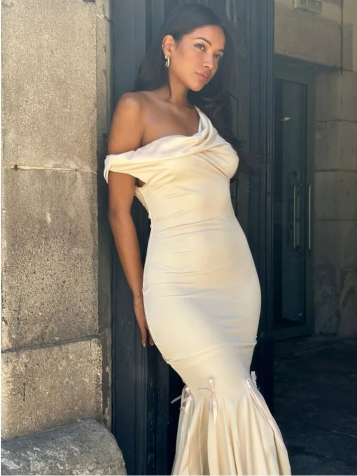 Mermaid Cut Midi Dress with Bow Decorations and Off-Shoulder Straps - Maren