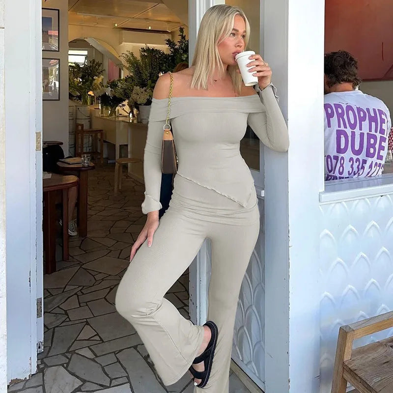 Two-piece knitted set with asymmetrical off-shoulder top and long pants - ROZIE