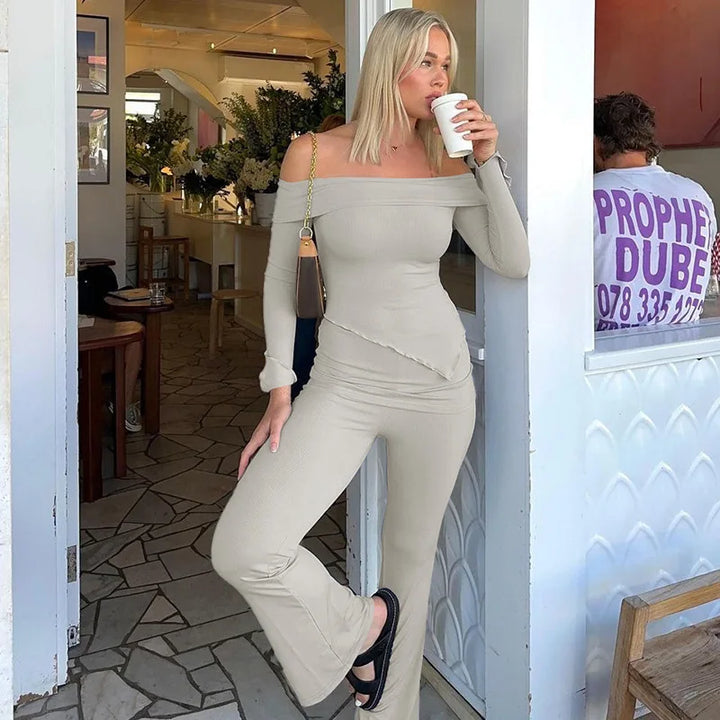 Two-piece knitted set with asymmetrical off-shoulder top and long pants - ROZIE