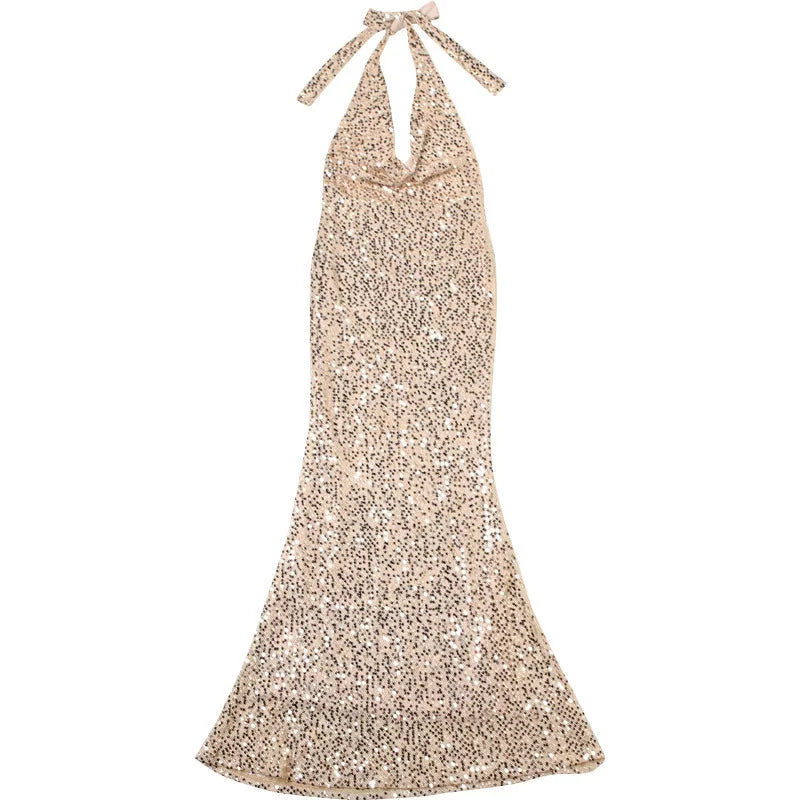 Sequin Maxi Dress with Open Back and Draped Collar - Arabella