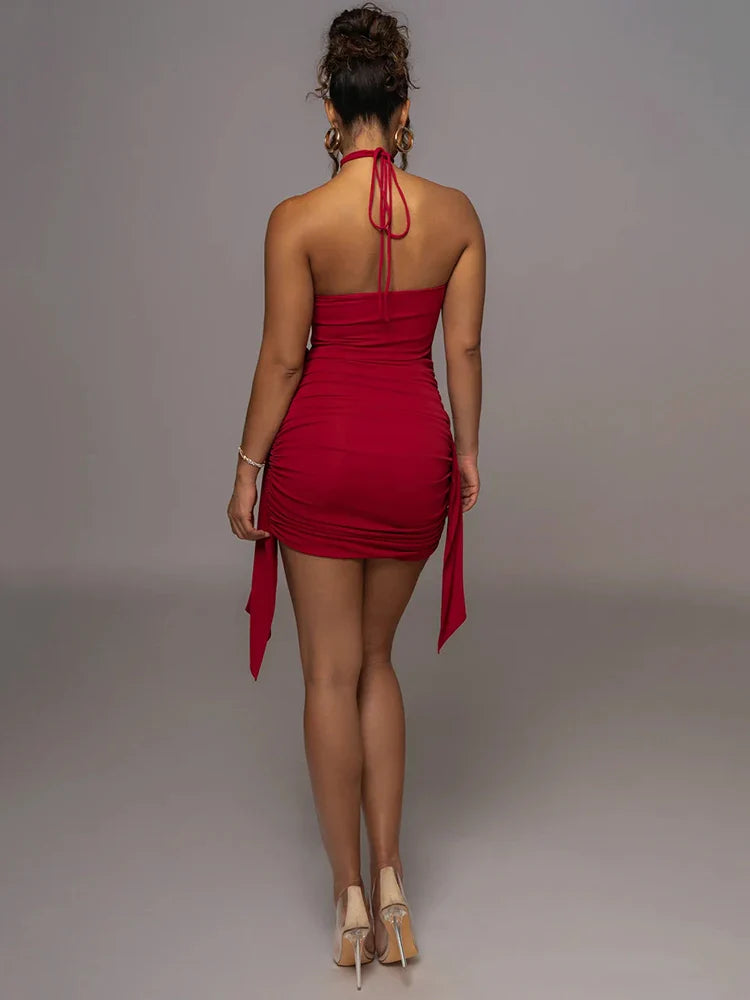 Ruched mini dress with neck tie and floral appliqué - Jasmina