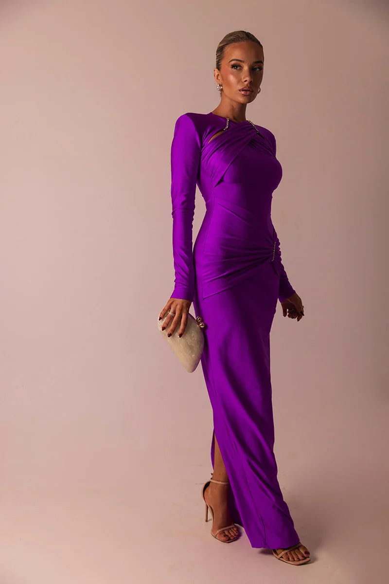 Shaping Fabric Maxi Dress with Ruched Decoration and Rhinestone Buckles - Sadie