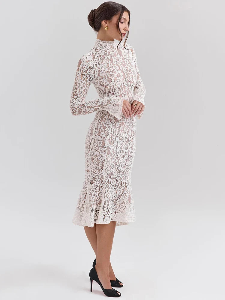 Midi lace dress with half turtleneck - Avia