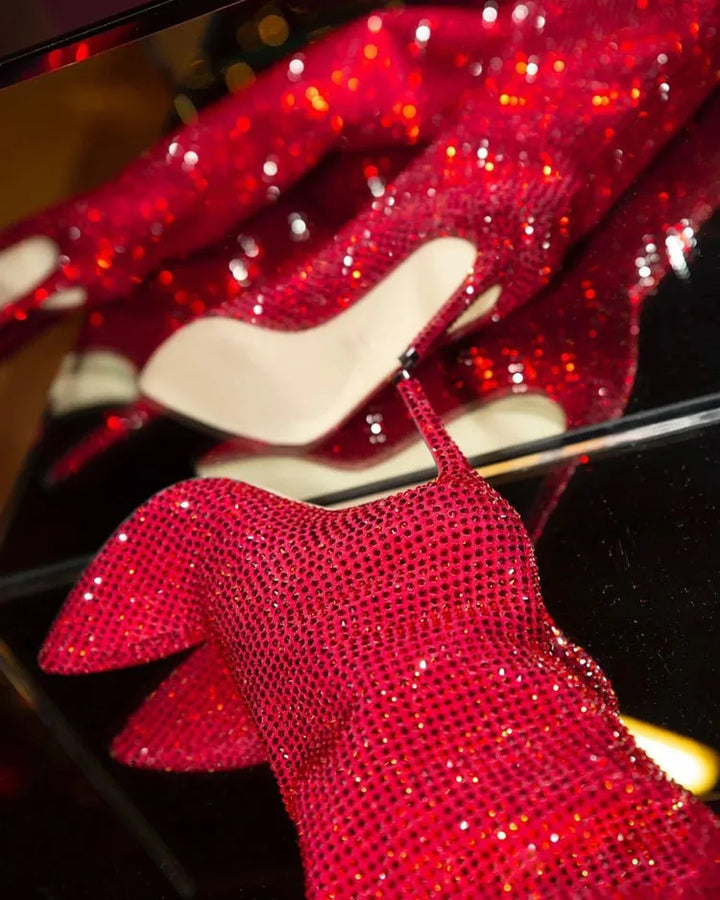 High Pointed Heel Boots with Sparkling Rhinestone Design - Josie