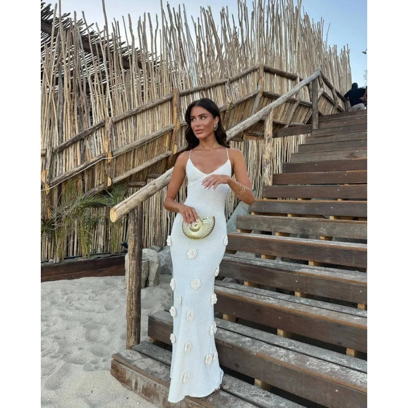 Knitted Maxi Dress with Floral Appliqués and Back Tie Detail - Malaya