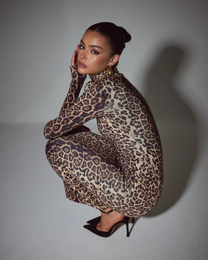 Leopard print maxi dress with turtleneck - Madlen