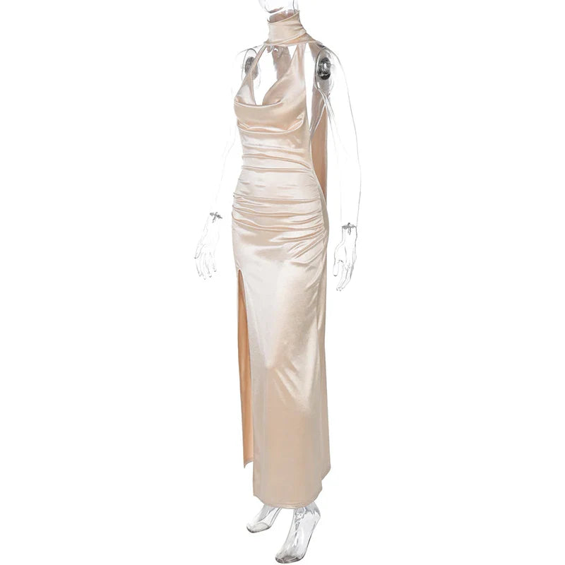 Open Back Satin Maxi Dress with Slit and Matching Scarf Decoration - Felicia