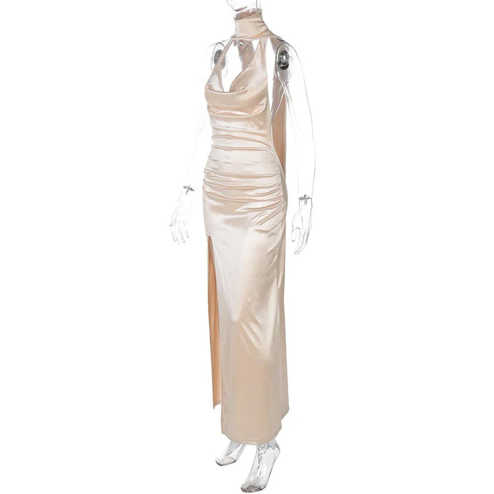 Open Back Satin Maxi Dress with Slit and Matching Scarf Decoration - Felicia