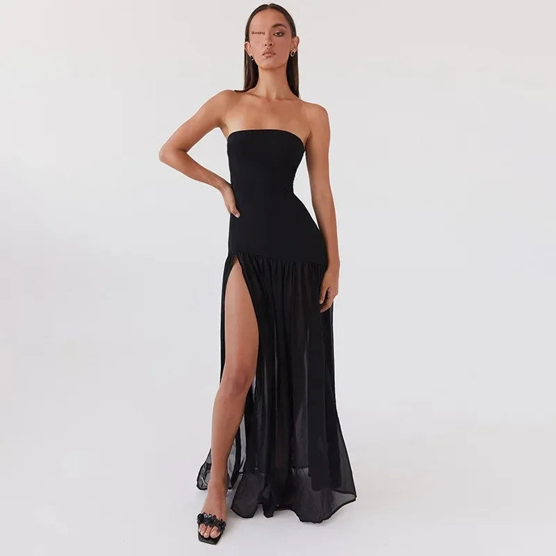 Maxi Strapless Chiffon Dress with Slit Detail - Pia