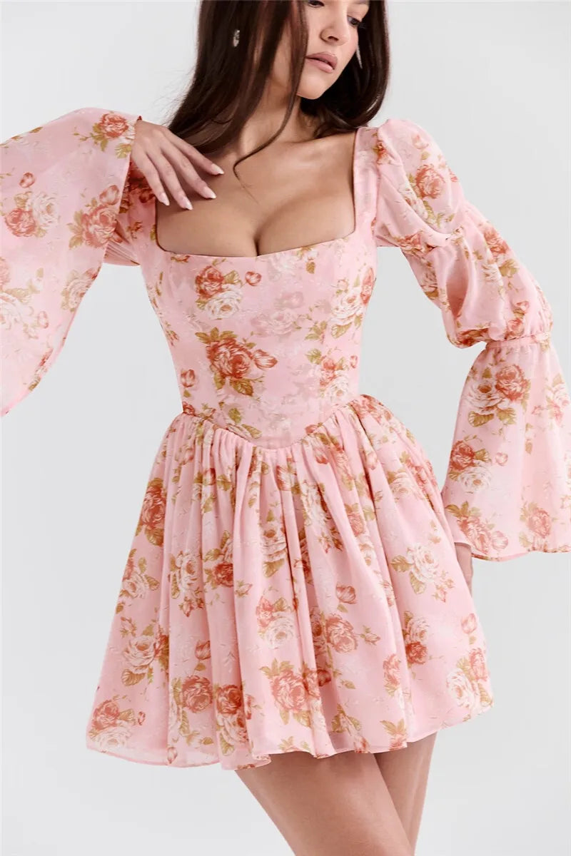Floral Chiffon Mini Dress with A-Line Cut and Bell Sleeves - Florencia