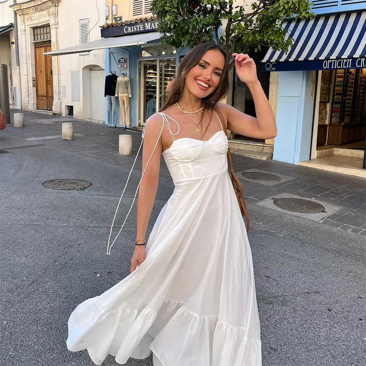 Ruffled Maxi Dress with A-Line Cut and Tie Straps - Allie