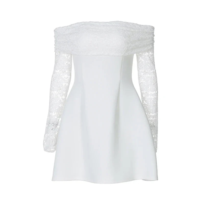 Satin mini dress with off-shoulder and lace sleeves - AMALIA