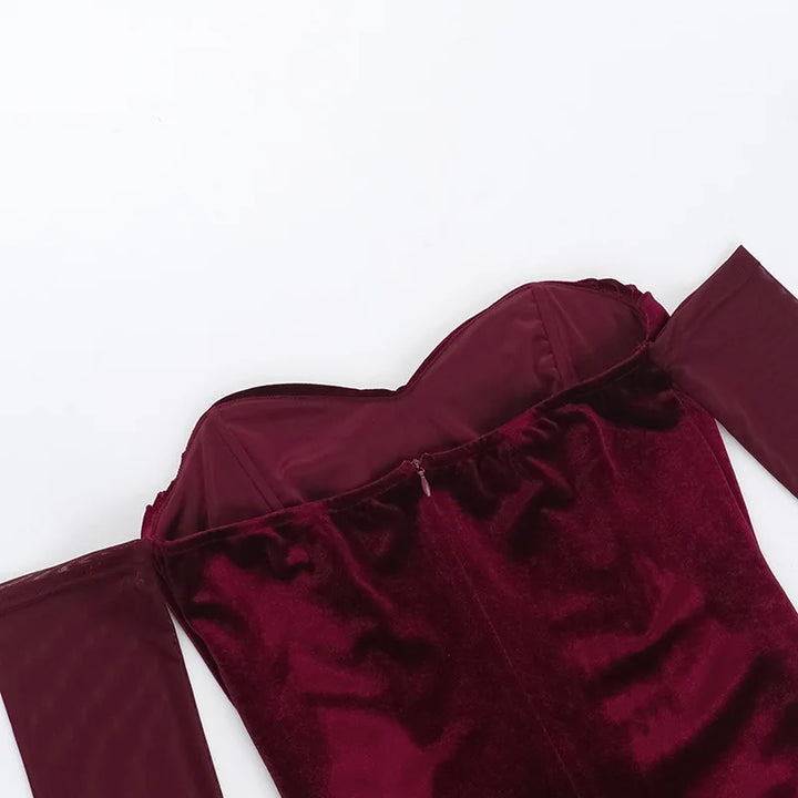 Velvet midi dress with pleats, off-shoulder, and mesh sleeves - Johanna