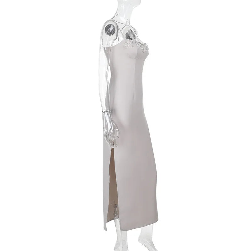 Midi Shaping Dress with Bead Detail and Slit Design - Barbara