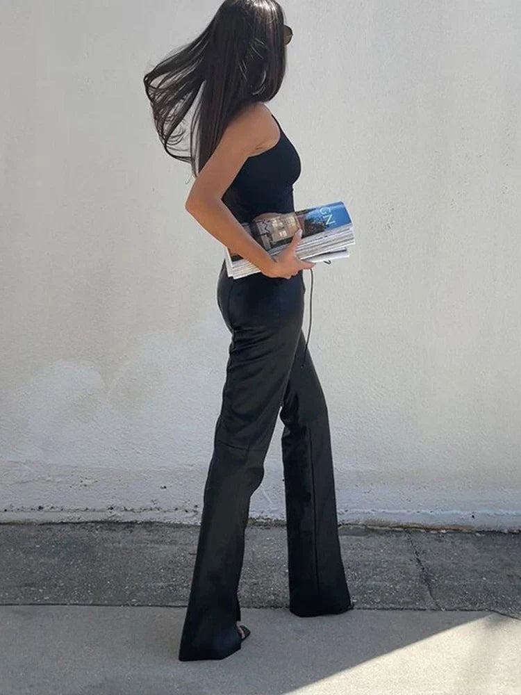 High-Waisted Leather Pants with Tie Detail - Mai