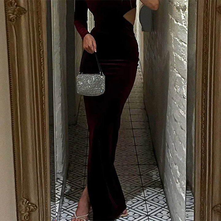 Velvet maxi dress with one sleeve and open back - Alina