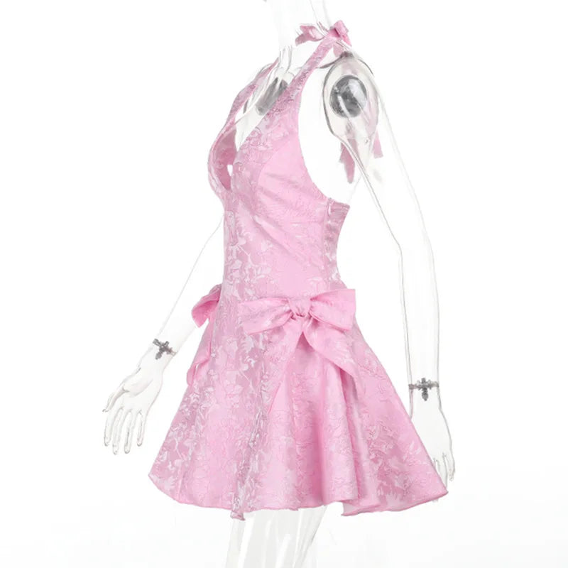 A-line mini dress with neck tie and embroidered floral illustration with bow details - Carolina