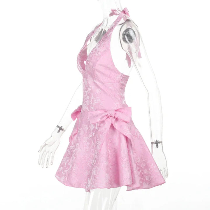 A-line mini dress with neck tie and embroidered floral illustration with bow details - Carolina