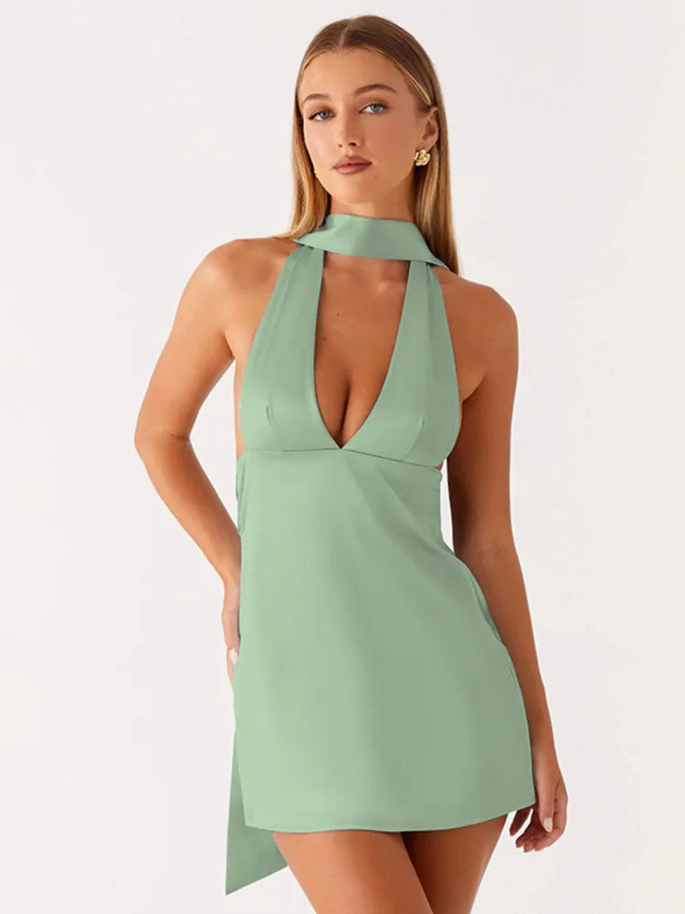 Satin mini dress with V neckline decorated with matching scarf - Karina
