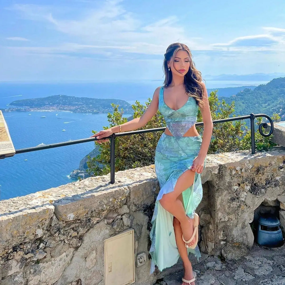 Two-Piece Set with Tropical Print, Top and Ruffled Maxi Skirt with Slit - MAYA