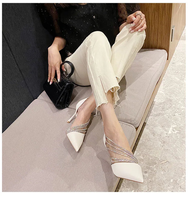 Suede Fabric Pointed Heel Shoes with Sparkling Sequin Design - Alior
