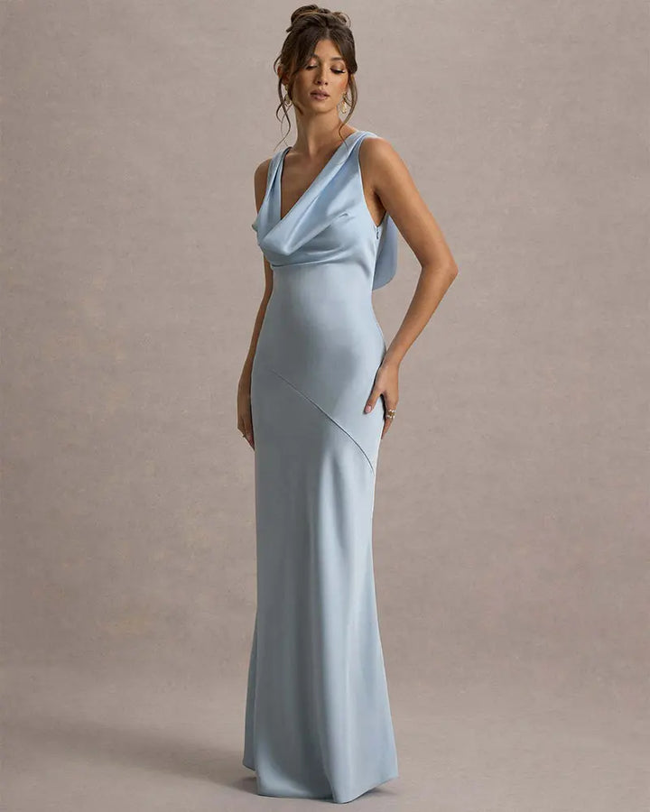 Maxi satin dress with draped collar and open back - Alexis