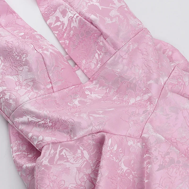 A-line mini dress with floral embroidery, bow detail on the back, tie-back design for waist fit and neck tie - Pearl
