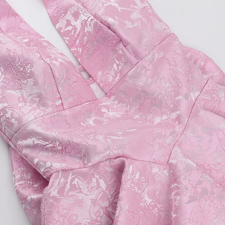 A-line mini dress with floral embroidery, bow detail on the back, tie-back design for waist fit and neck tie - Pearl