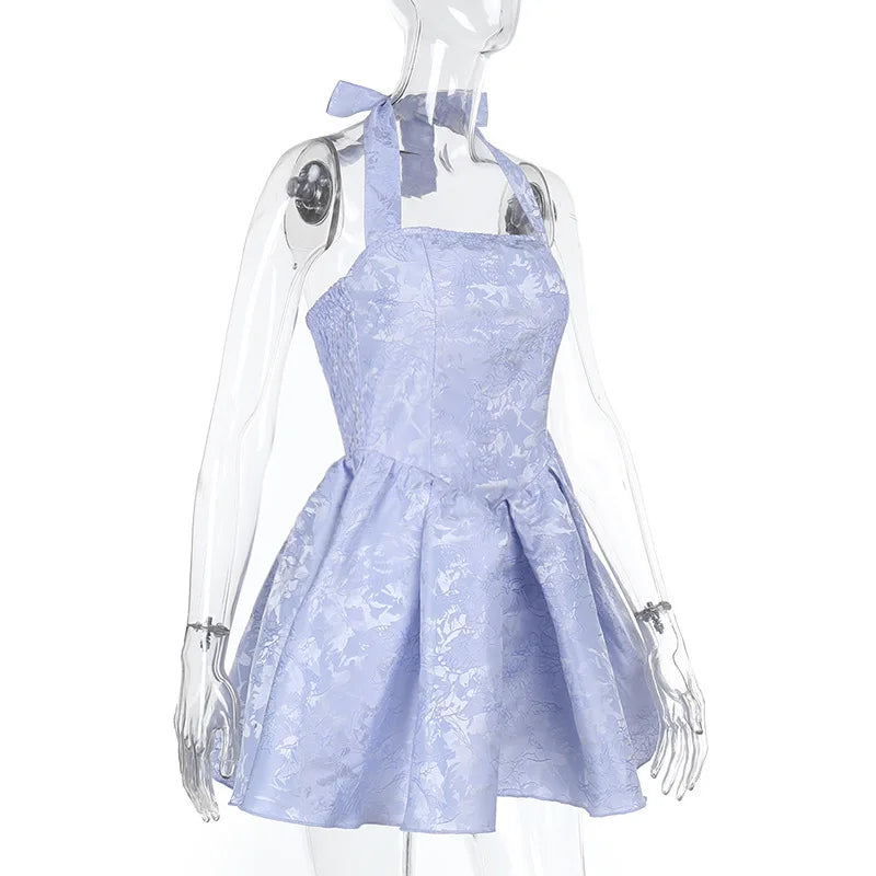 A-Line Mini Dress with Floral Embroidery and Neck Tie - Al Arieh