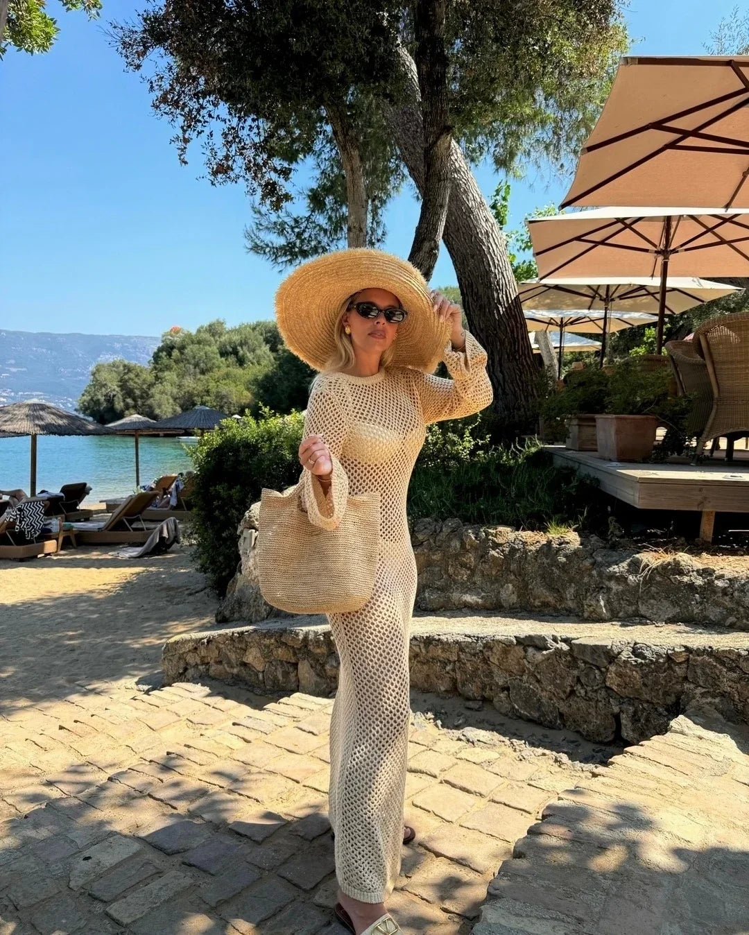 Mesh Maxi Beach Dress with Open Chest/Back - Amber