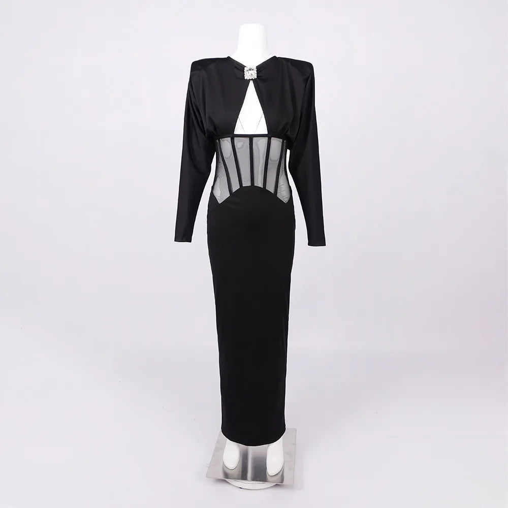 Maxi Dress with Mesh Corset Design and Diamond Buckle Decoration - AMOR
